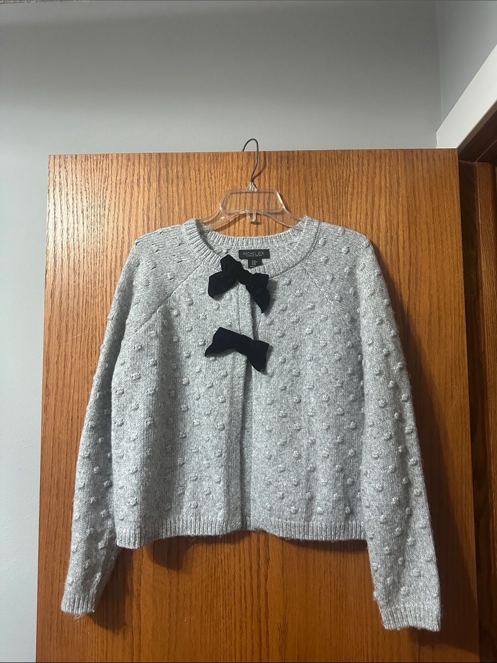Rachel Zoe Light Gray Pom-Pom Knit Cardigan with Black Velvet Bows